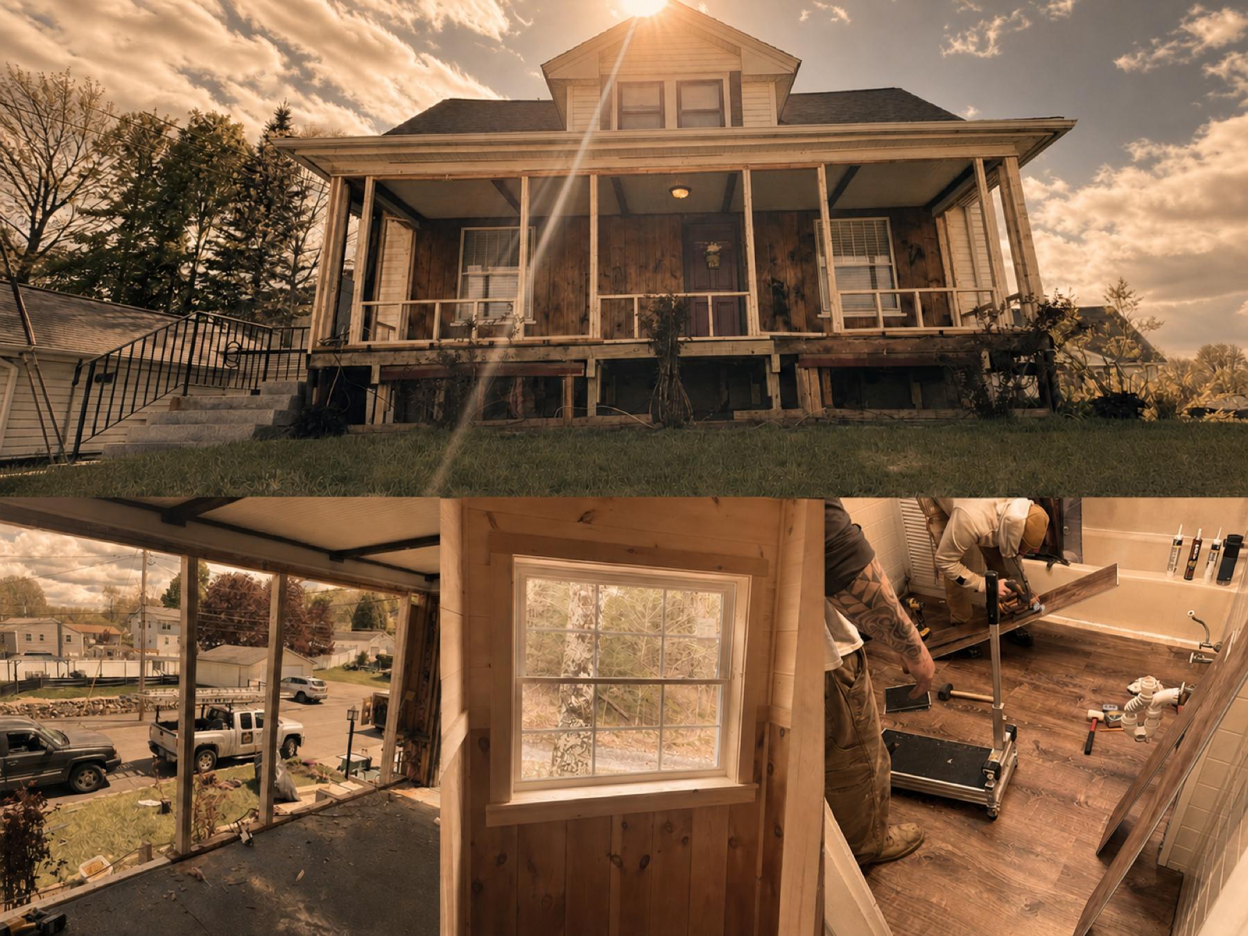 Warm-toned collage of KPI porch, carpentry, window trim, and flooring projects