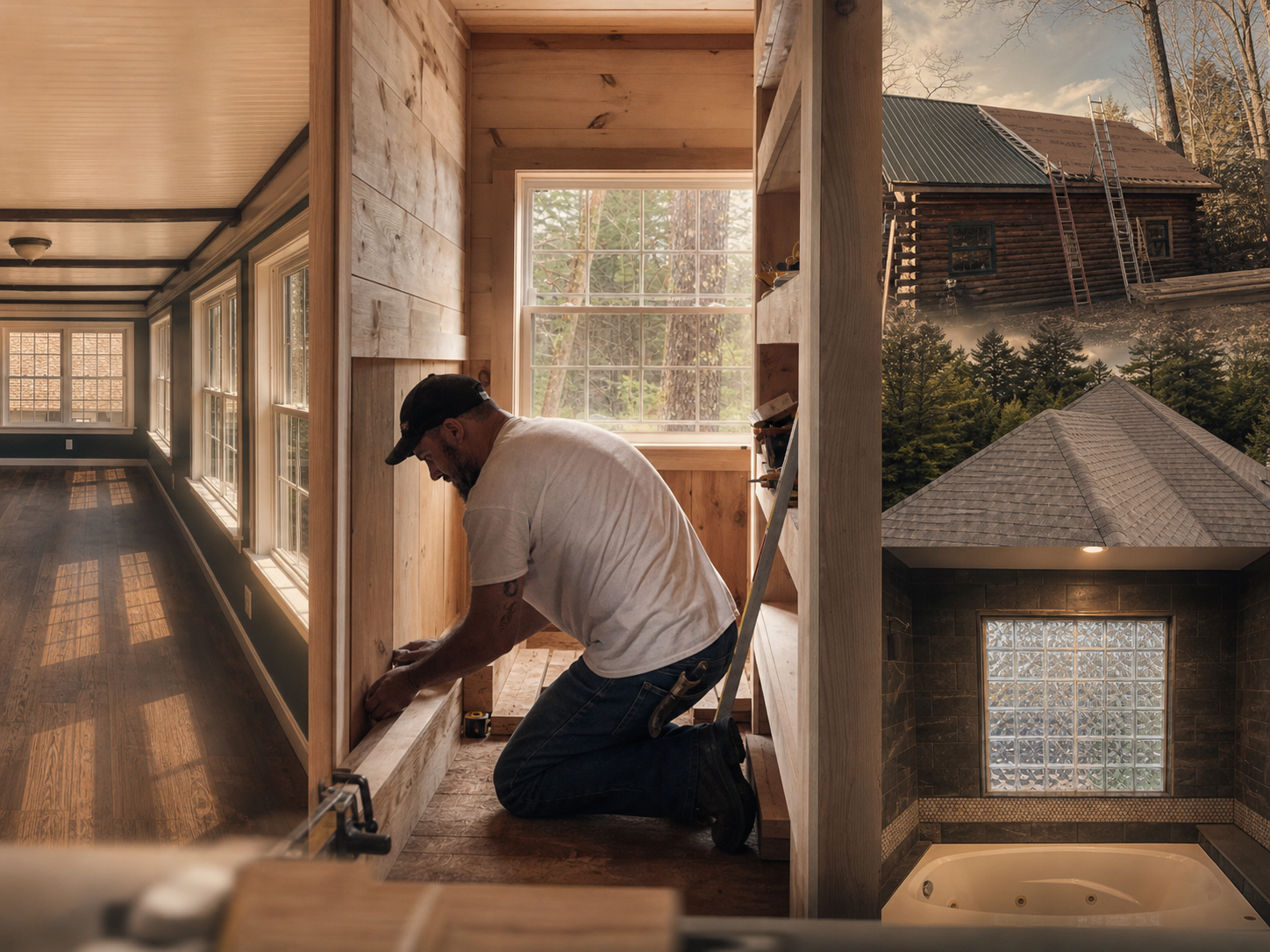 Wide composite of KPI craftsmanship across carpentry, renovation, roofing, and finish work